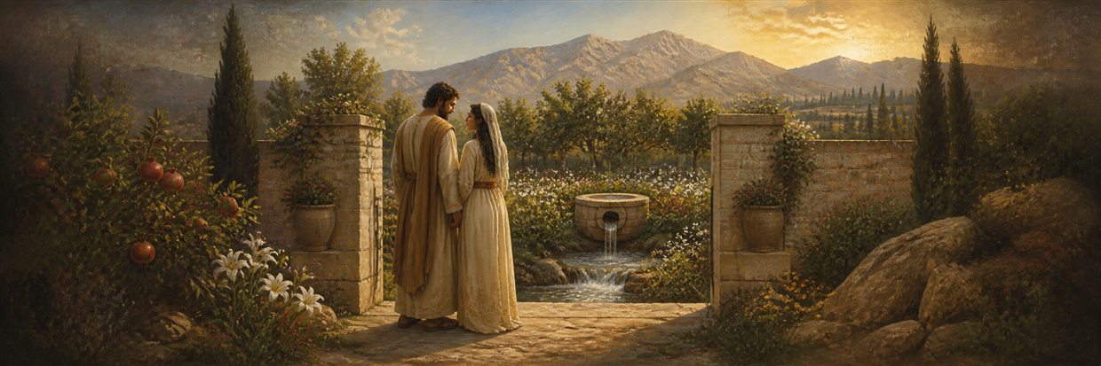 A couple standing at an enclosed garden filled with pomegranates, lilies, spices, and living water